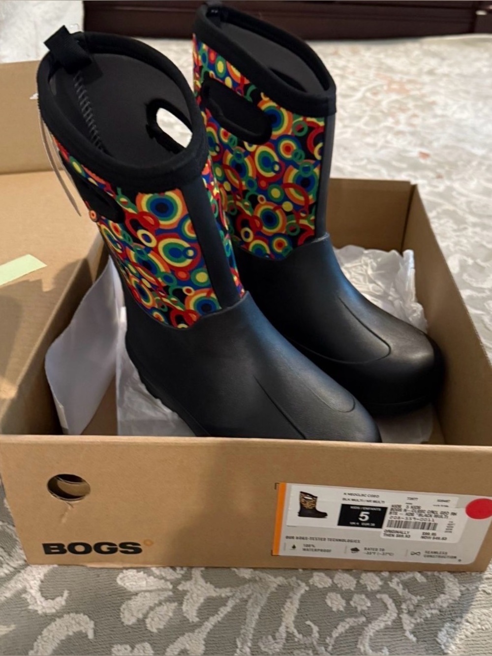 Bogs Kids Black Rain Boots with Multicolor Circle Shaft